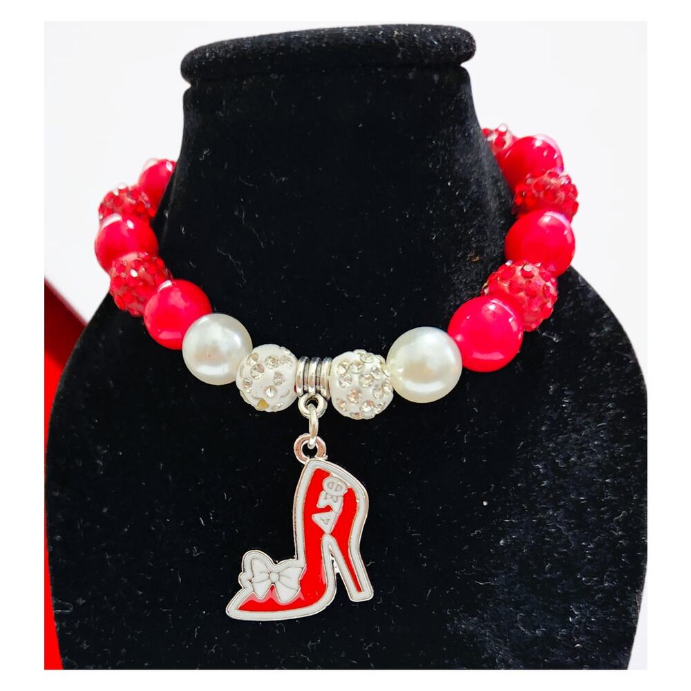 Delta Sigma Theta Bracelet‎ Red and White Pearls, Rhinestone and Pendant